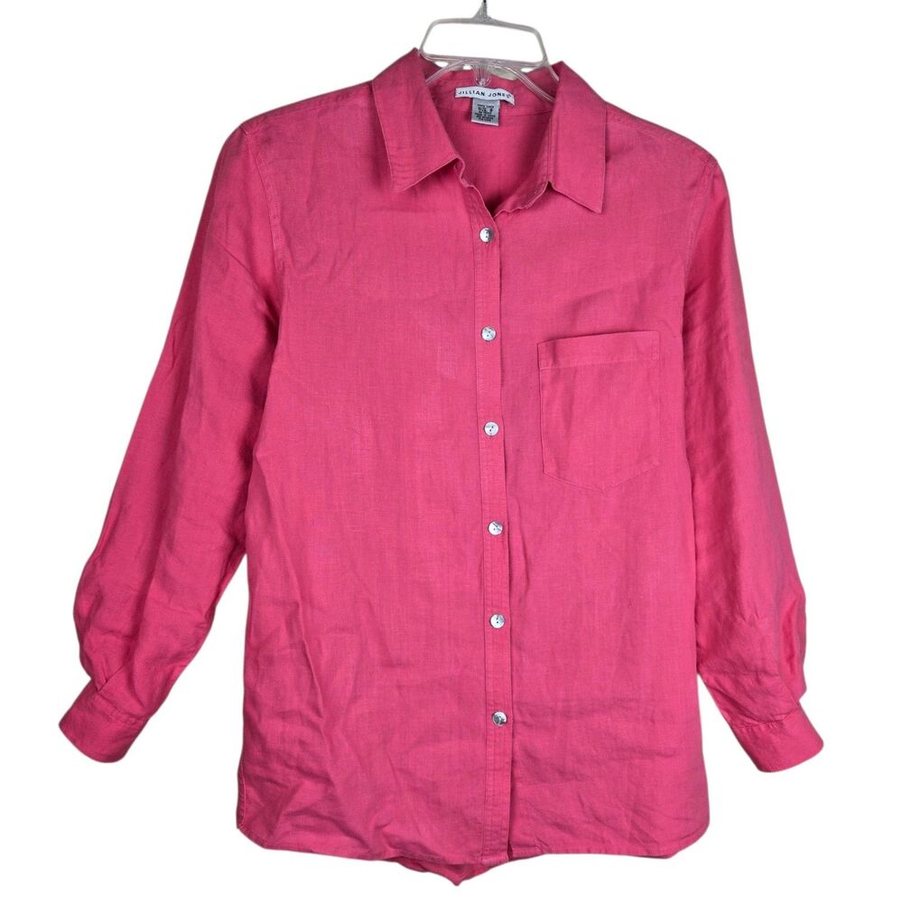 Jillian Jones 100% Linen Top Pink Button Coastal Lagenlook Beach Resort Wear